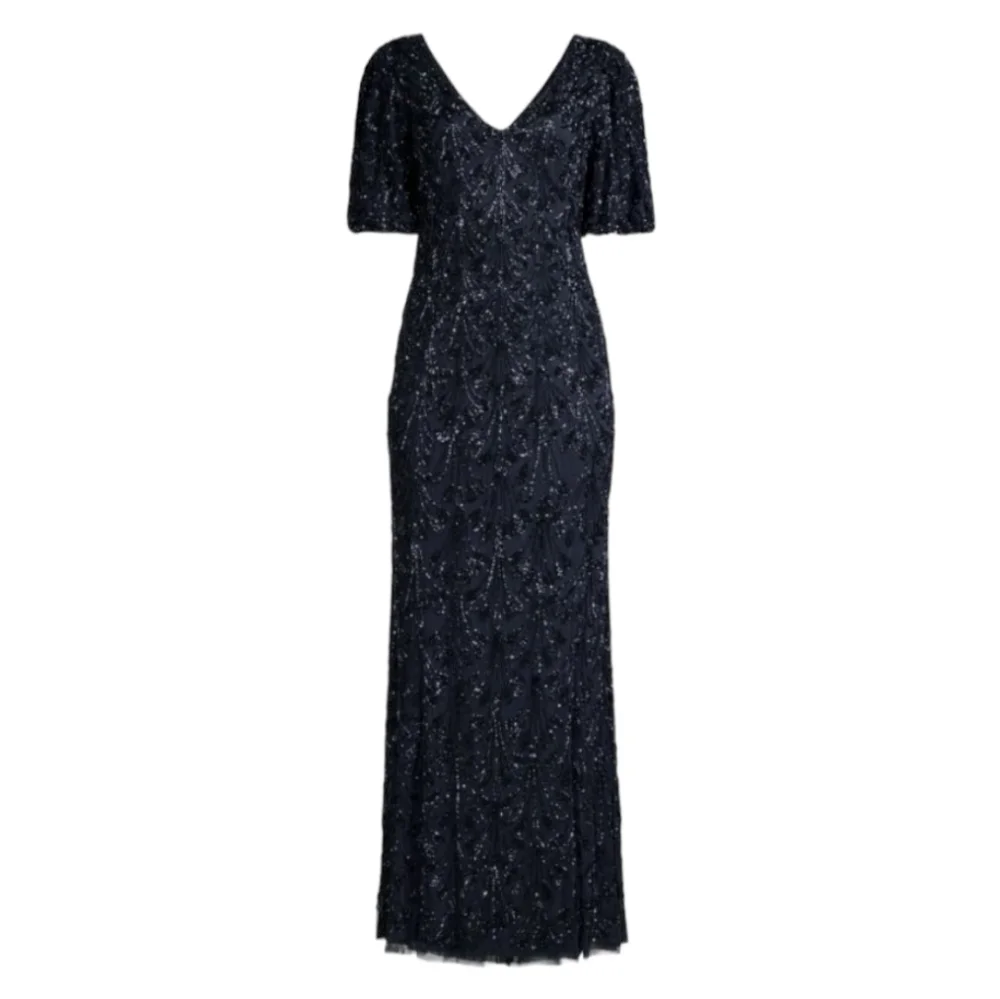 Aidan Mattox $550 NWT Beaded V-Neck Sheath Evening Gown Navy Blue, size 6 - Picture 5 of 13